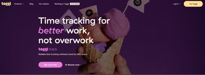 toggl time tracker tool home page